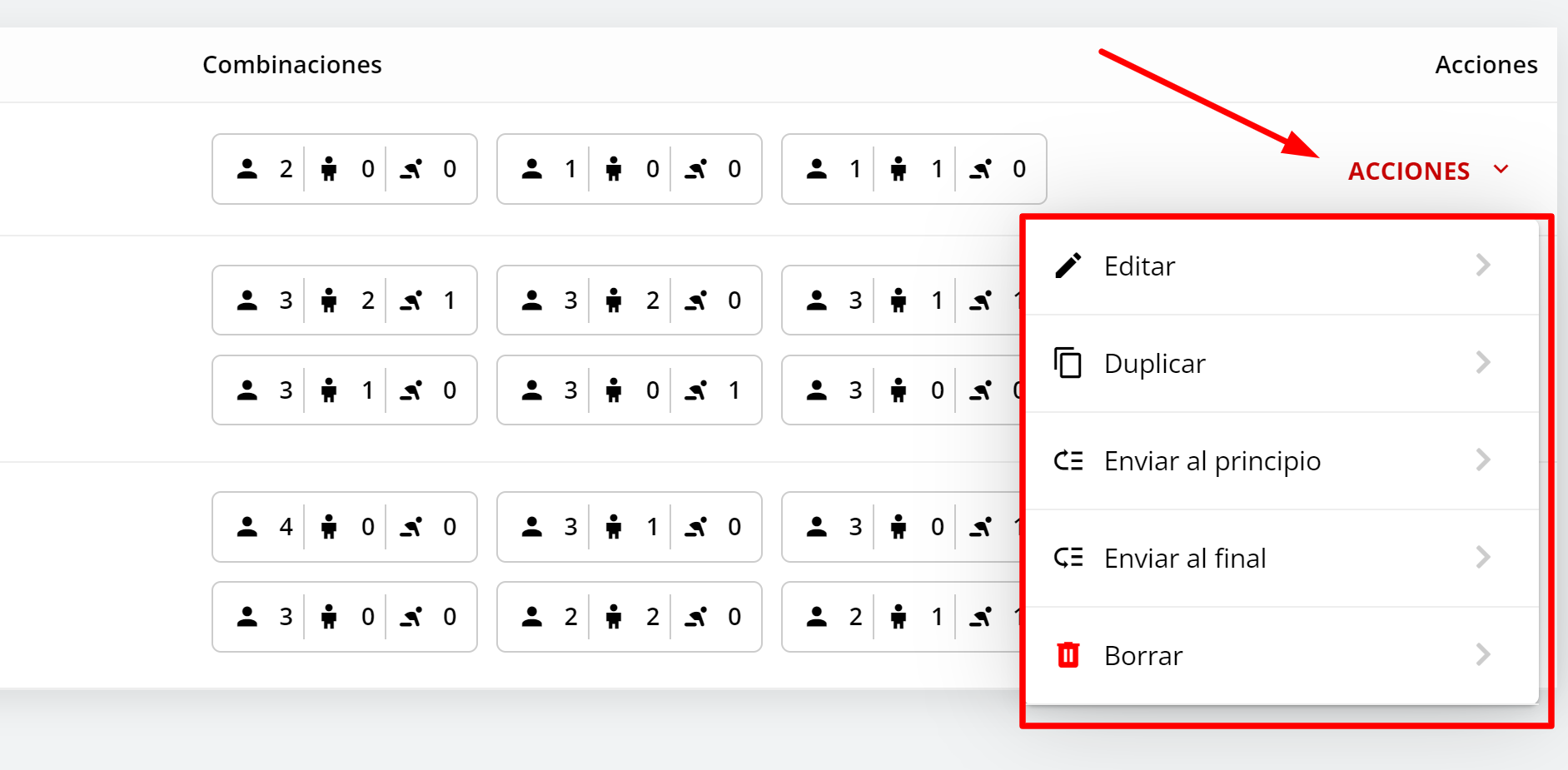 Menú de acciones para categorías existentes