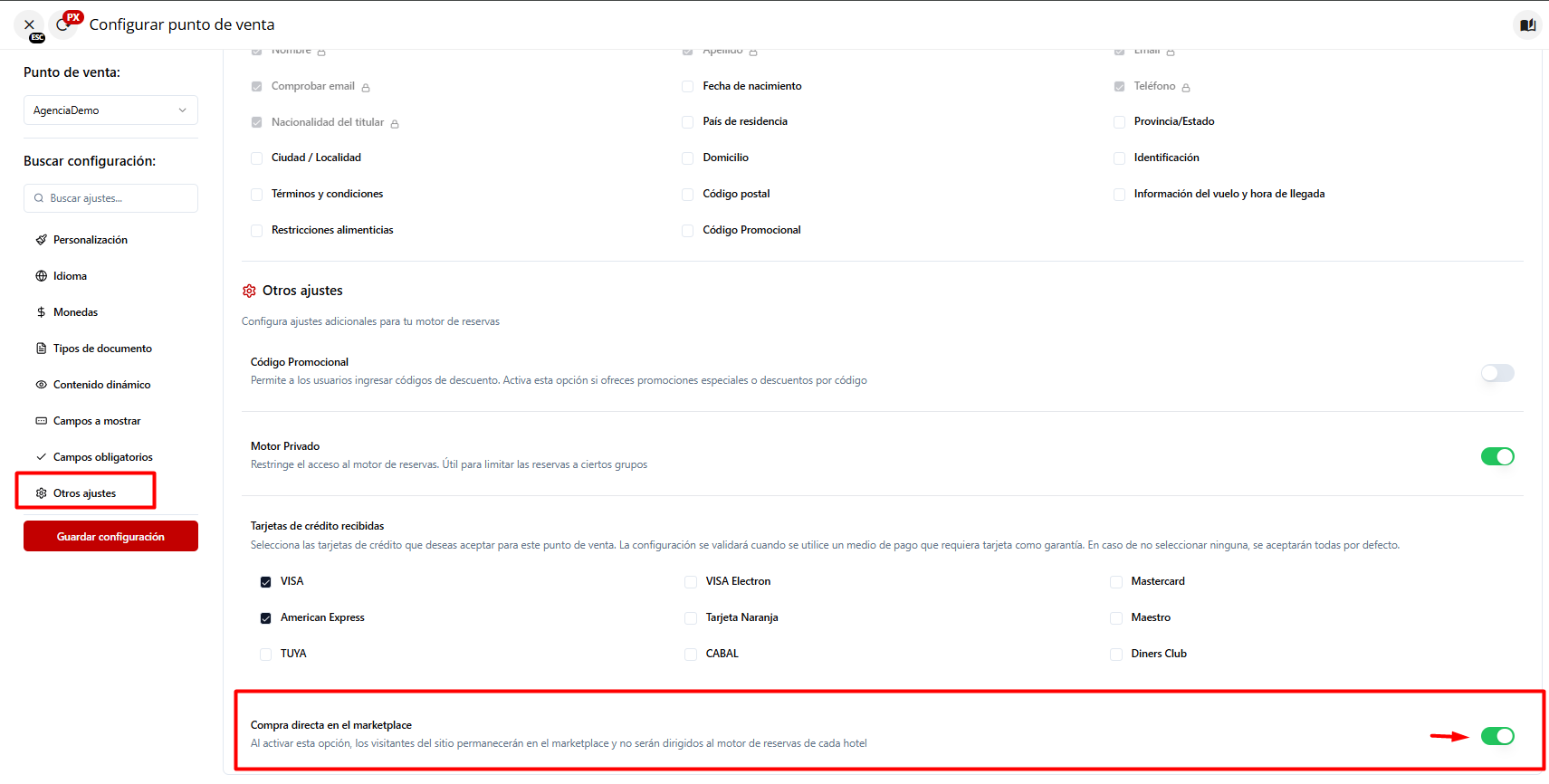 Configuración del punto de venta con compra directa habilitada