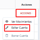 Captura de pantalla del menú de Acciones del Proveedor