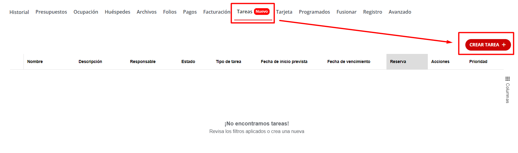 Interfaz de creación de tarea en reserva
