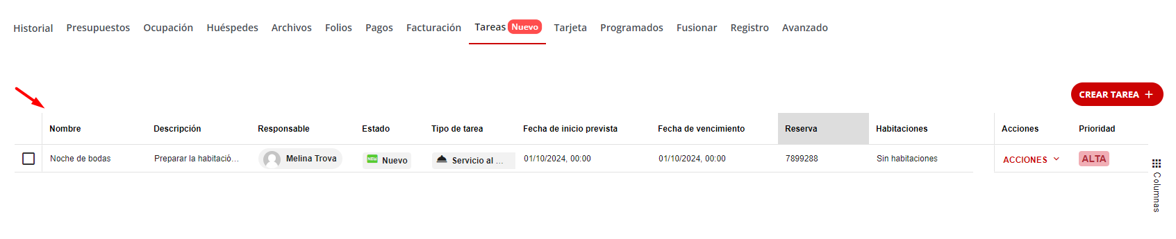 Lista de tareas de la reserva