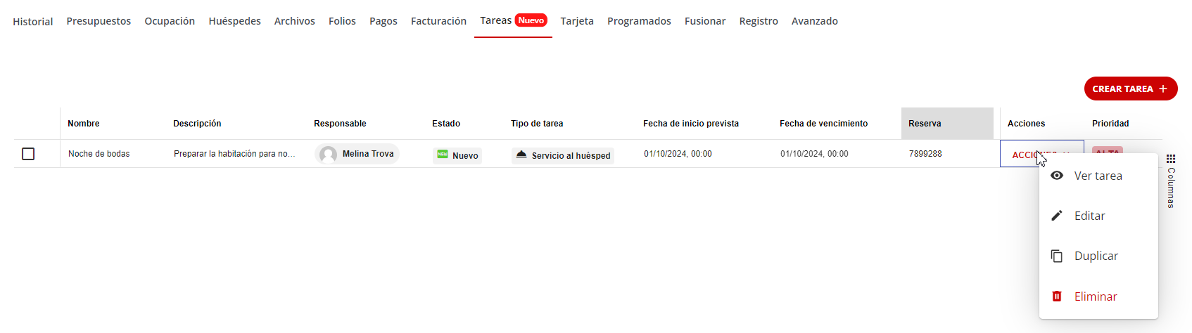 Menú de acciones de la tarea