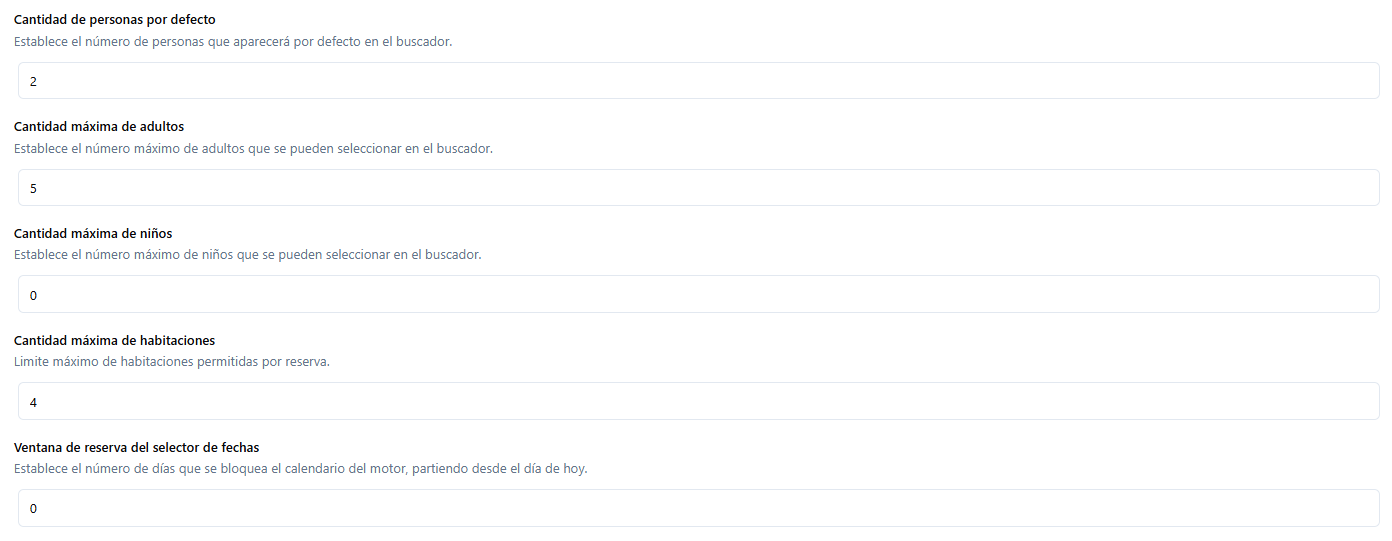 Configuración de cantidad de personas y ventana de reserva