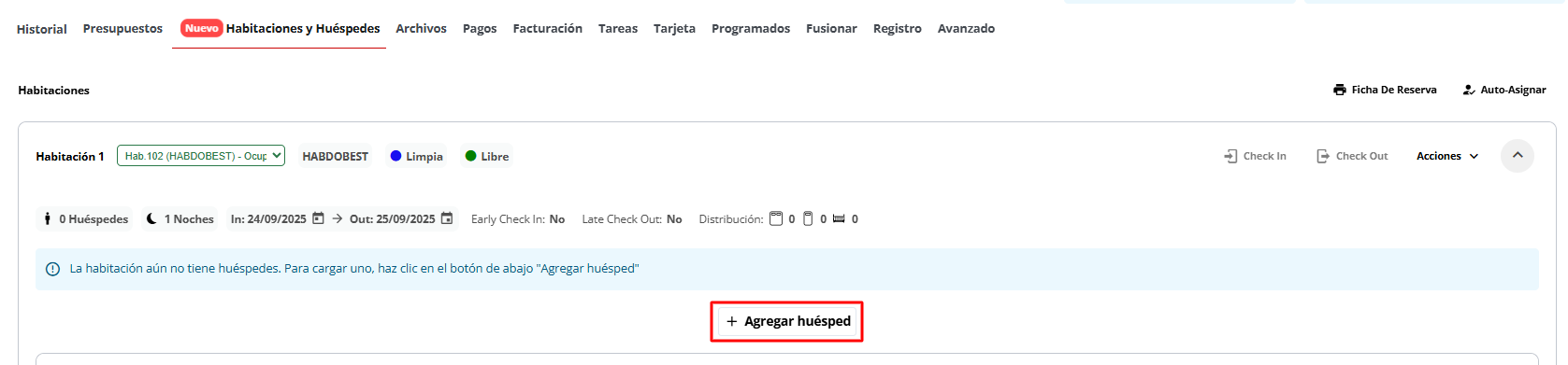 Agregar huésped a una habitación.