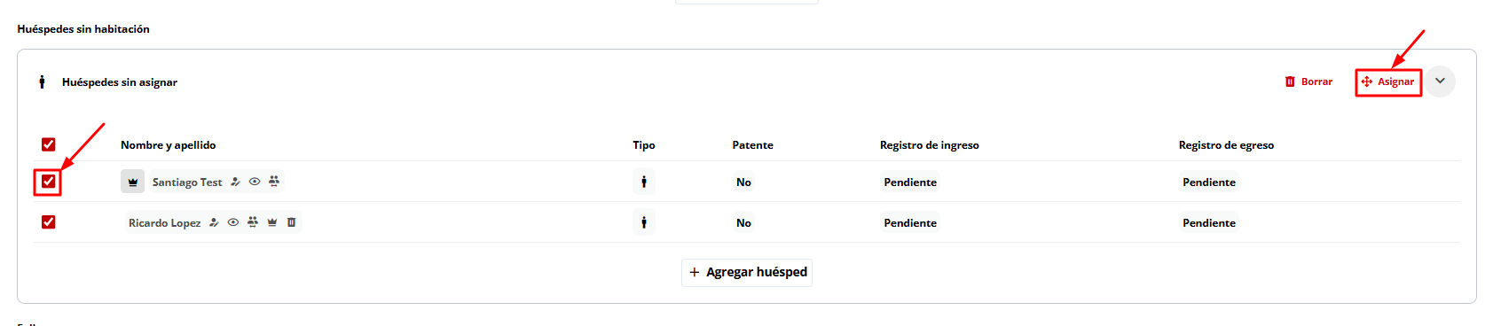 Asignar huésped a una habitación (vista previa).