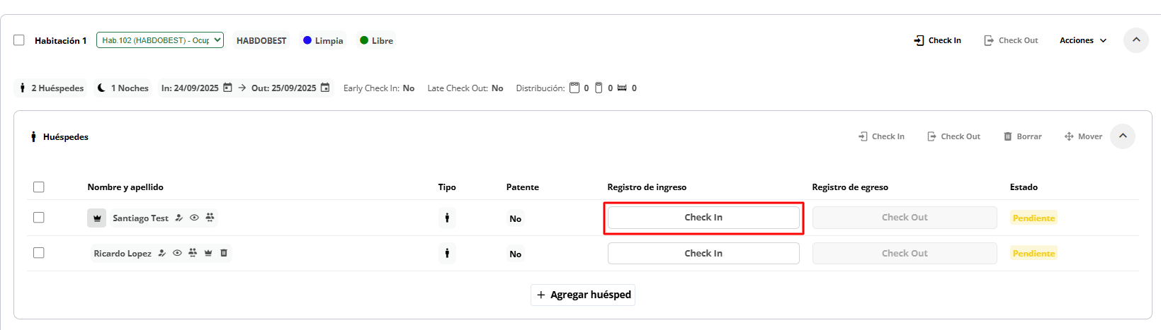 Realizar Check-in a un huésped.
