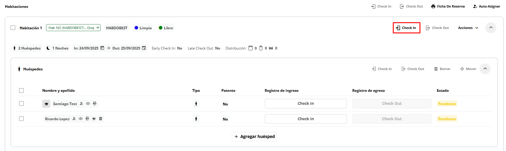 Realizar Check-in a una habitación.