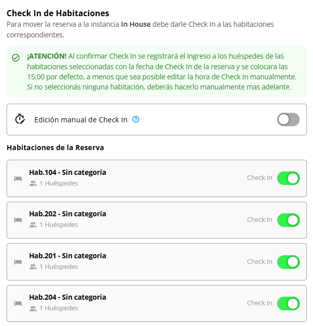 Confirmación de ingreso de habitaciones y huéspedes.