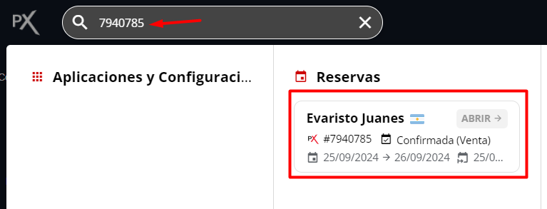 Búsqueda de reserva por ID o nombre de pasajero.