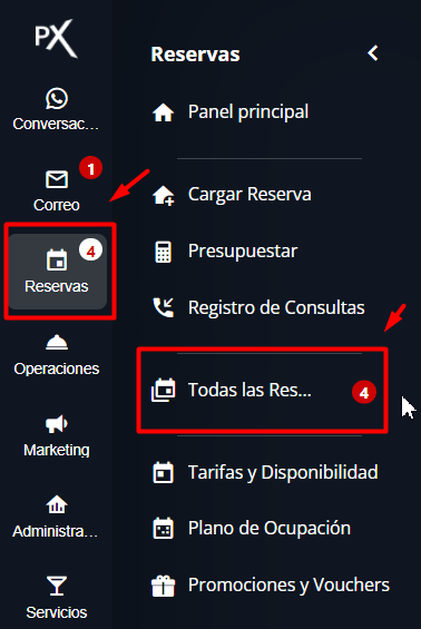 Acceso a la lista de reservas desde el menú lateral.