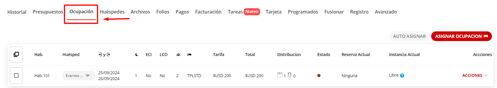 Pestaña de Ocupación dentro de los detalles de la reserva.