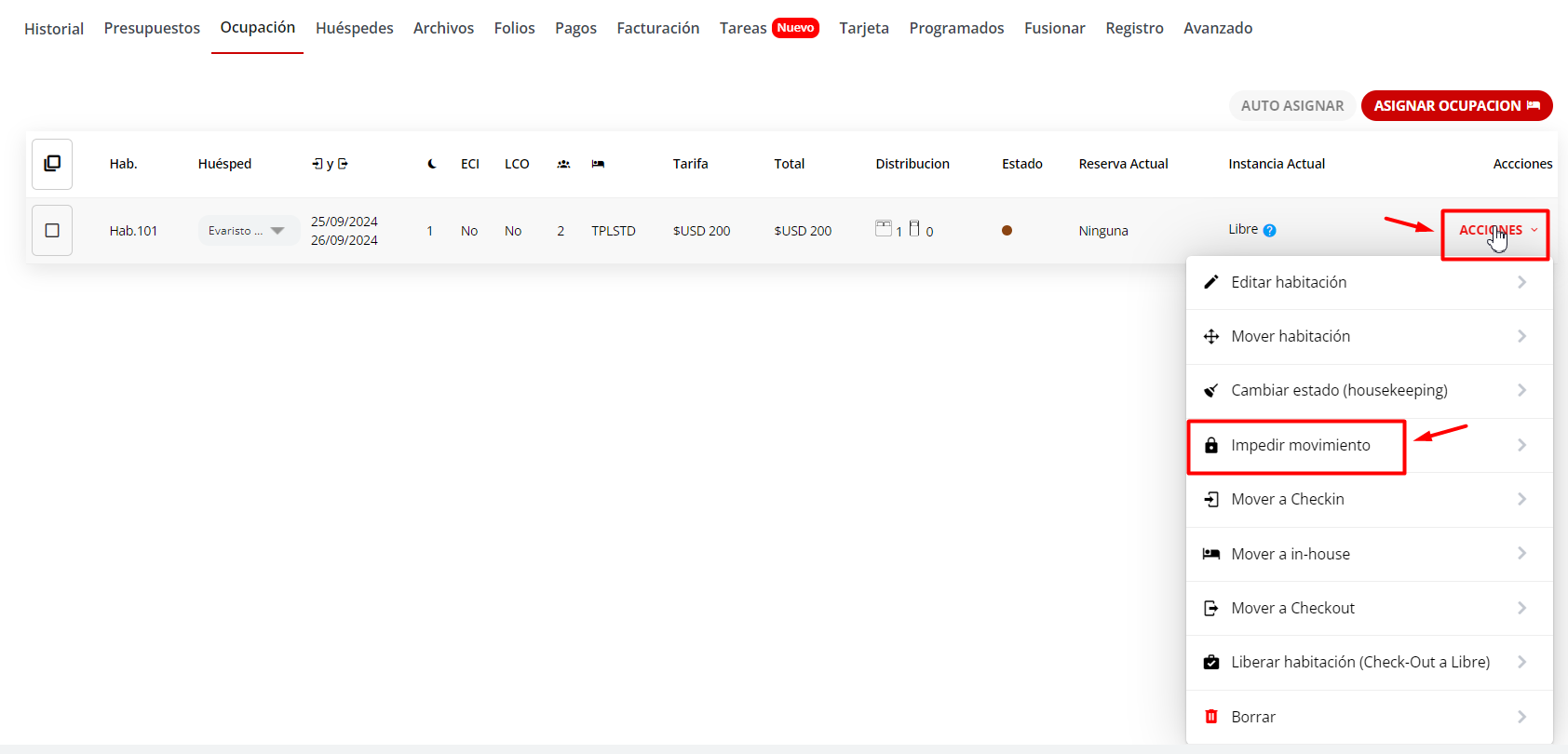 Opción 'Impedir movimiento' dentro de Acciones en la sección de Ocupación.