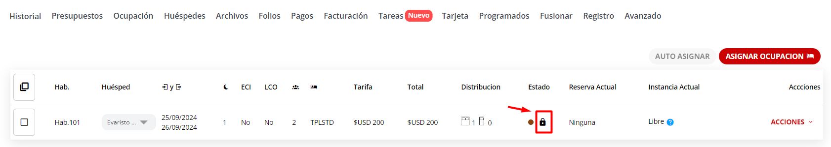 Indicador de reserva bloqueada en la lista de ocupación.