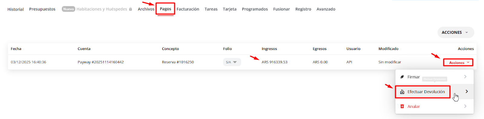 Acciones de pago para efectuar devolución