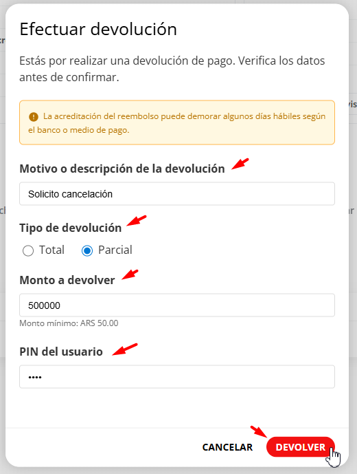 Campo para ingresar PIN de usuario para confirmación de devolución