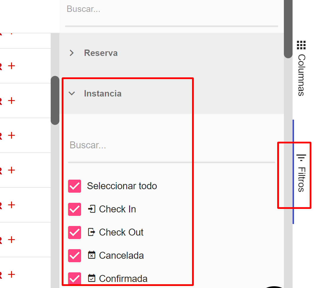 Buscador y parámetros de filtro por columna