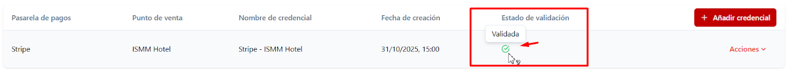 Credencial de Stripe validada y lista para usar