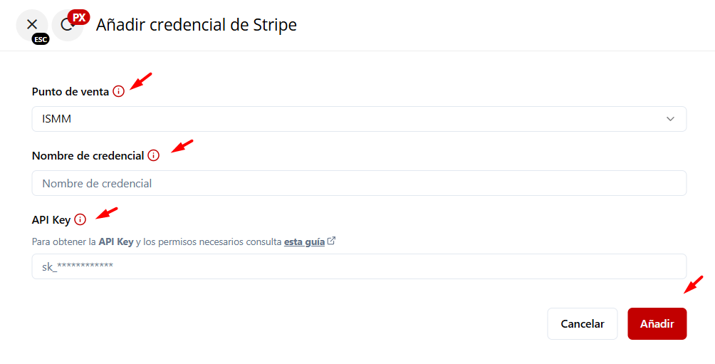 Completar y añadir credencial de Stripe