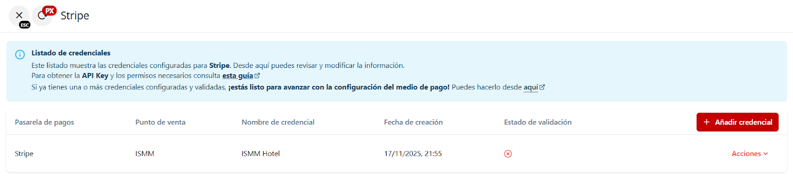 Ventana lateral de credenciales con configuraciones previas