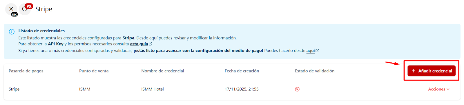 Añadir credencial de Stripe