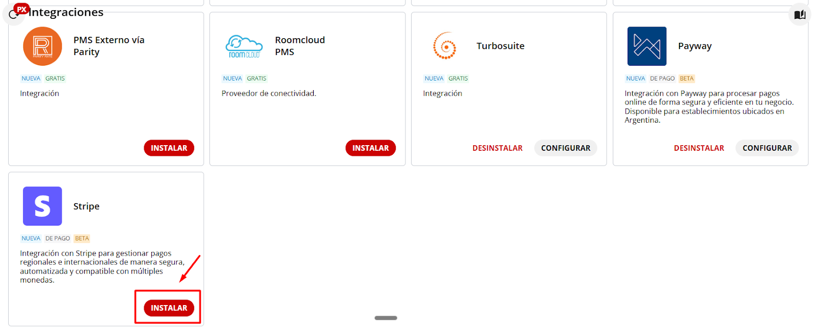 Instalar Stripe desde Integraciones