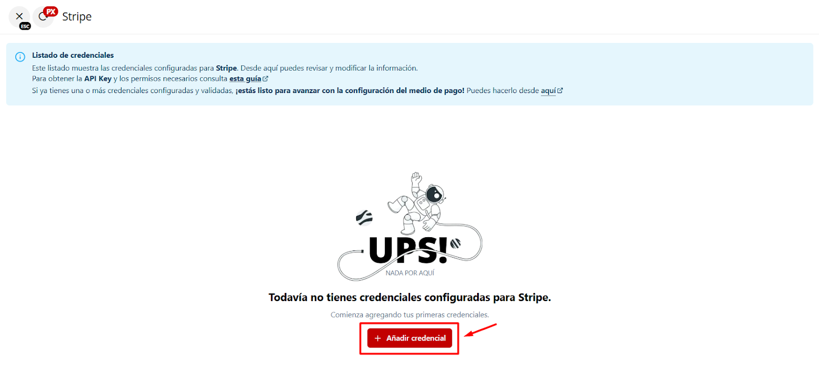 Ventana lateral de credenciales sin configuraciones previas