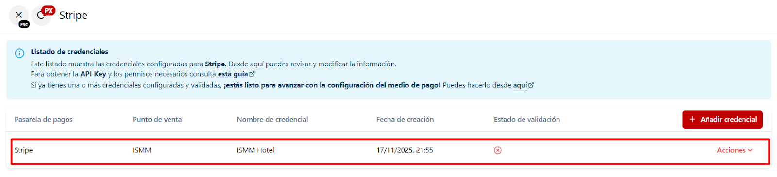 Credencial de Stripe añadida
