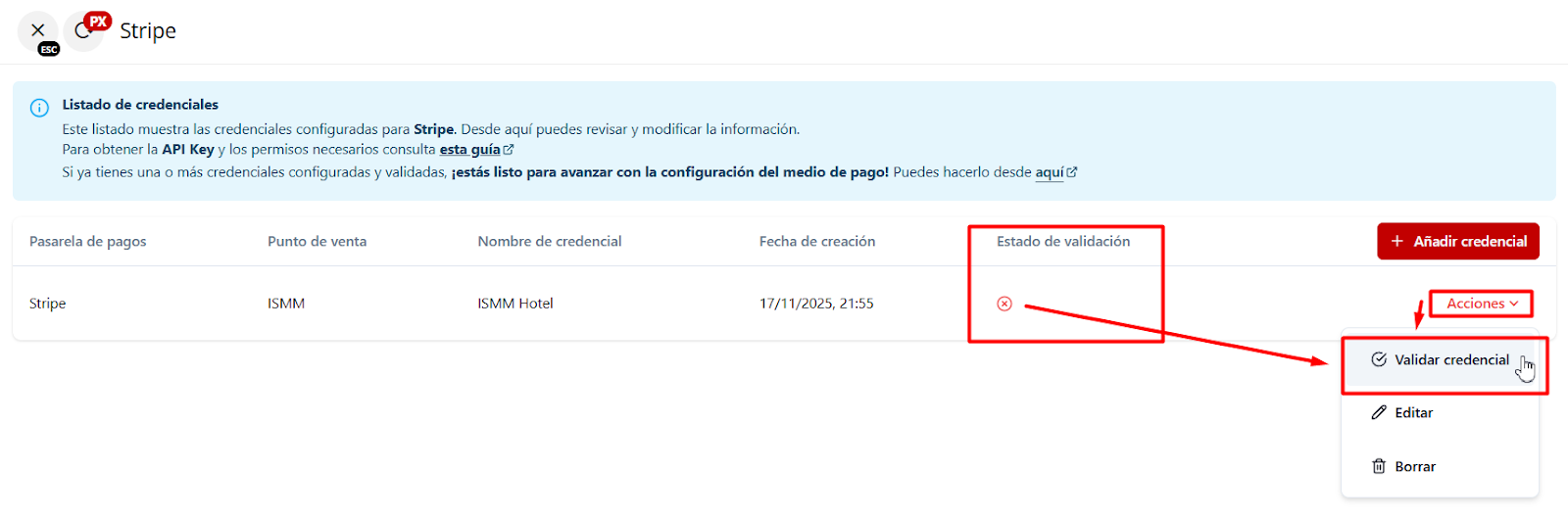Validar credencial de Stripe desde Acciones