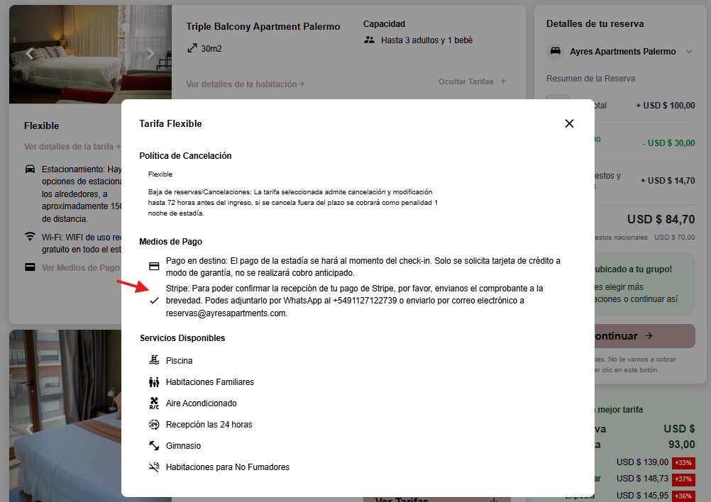 Visualización de medios de pago en búsquedas de tarifas