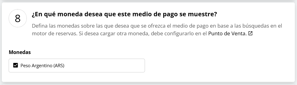 Seleccionar monedas para el medio de pago