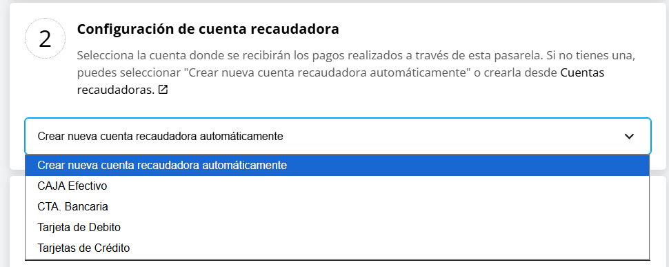 Seleccionar o crear cuenta recaudadora
