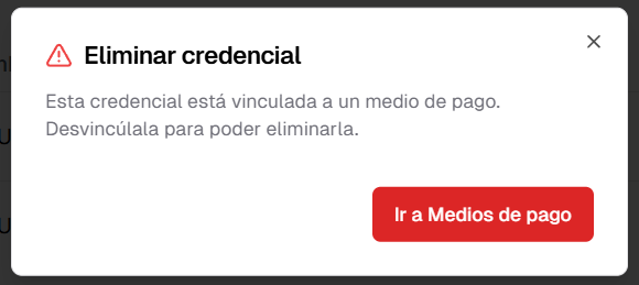 Mensaje de error al intentar eliminar credencial vinculada a un medio de pago