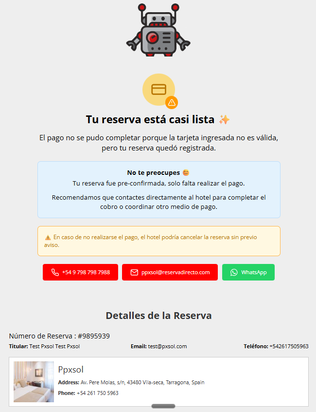 Página de pago rechazado en el motor de reservas.