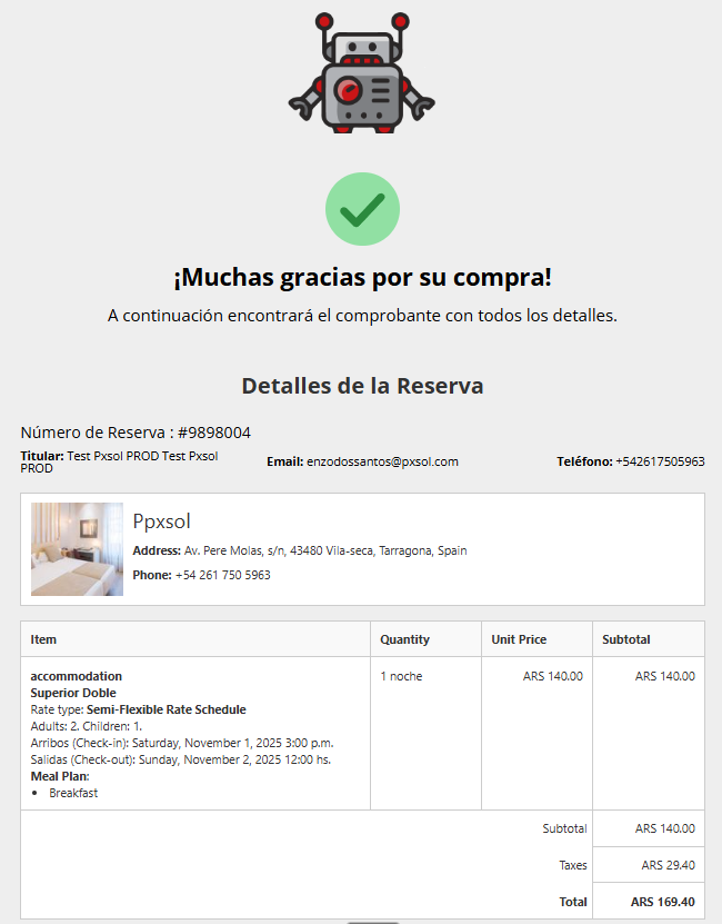 Página de confirmación de pago exitoso en el motor de reservas.