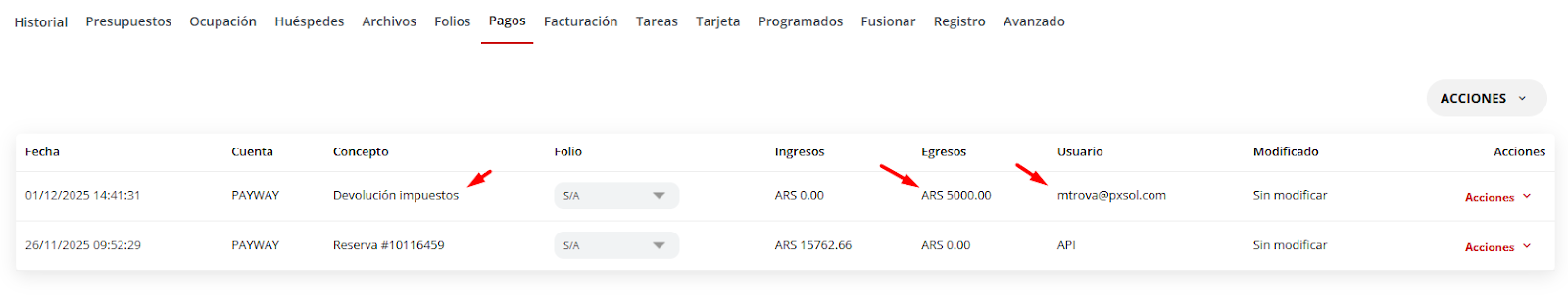 Registro de movimiento de devolución en Stripe
