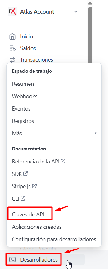 Panel de control de Stripe mostrando la opción de API keys