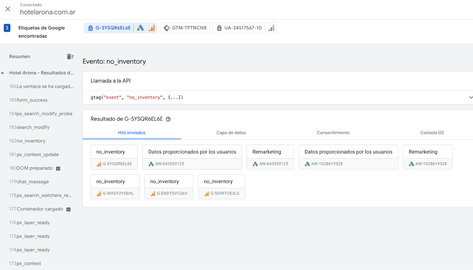 Resumen de 'Hits enviados' en Tag Assistant