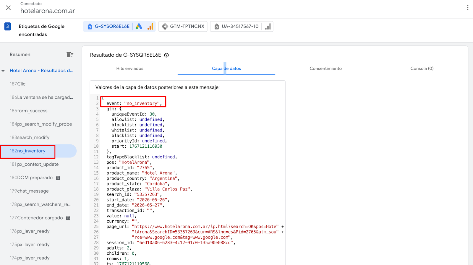 Evento 'no_inventory' en Tag Assistant