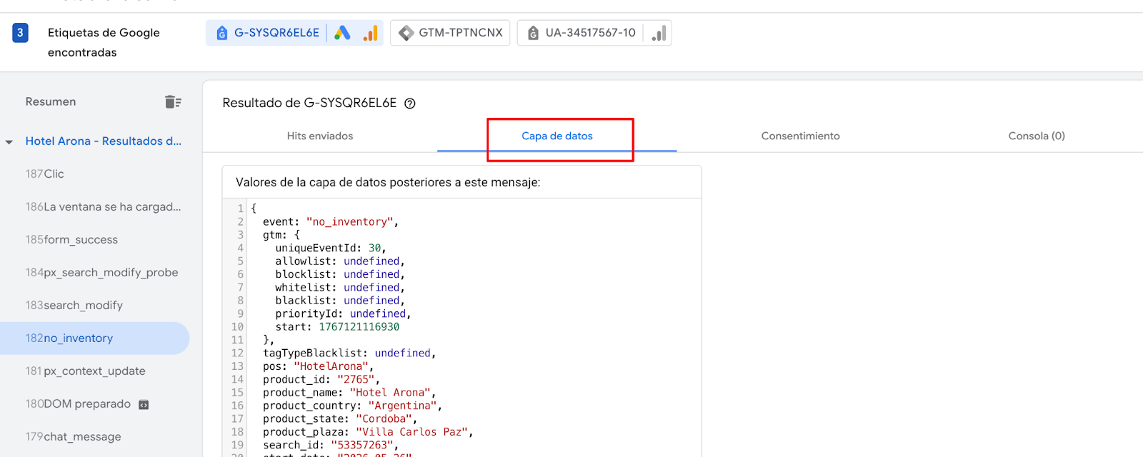 Pestaña 'Capa de datos' del evento 'no_inventory'