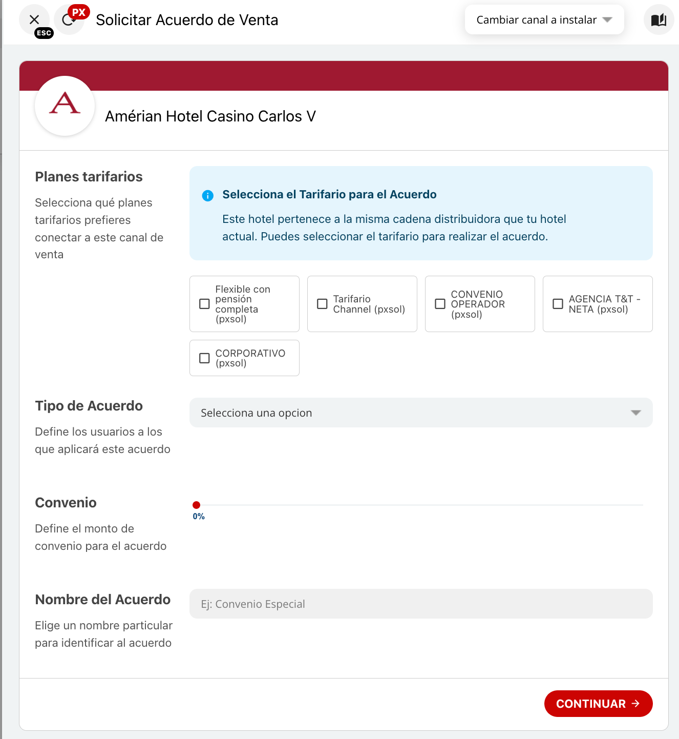 Ventana para completar detalles del acuerdo