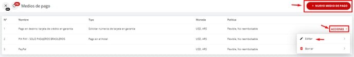 Botón Nuevo medio de pago o menú de acciones