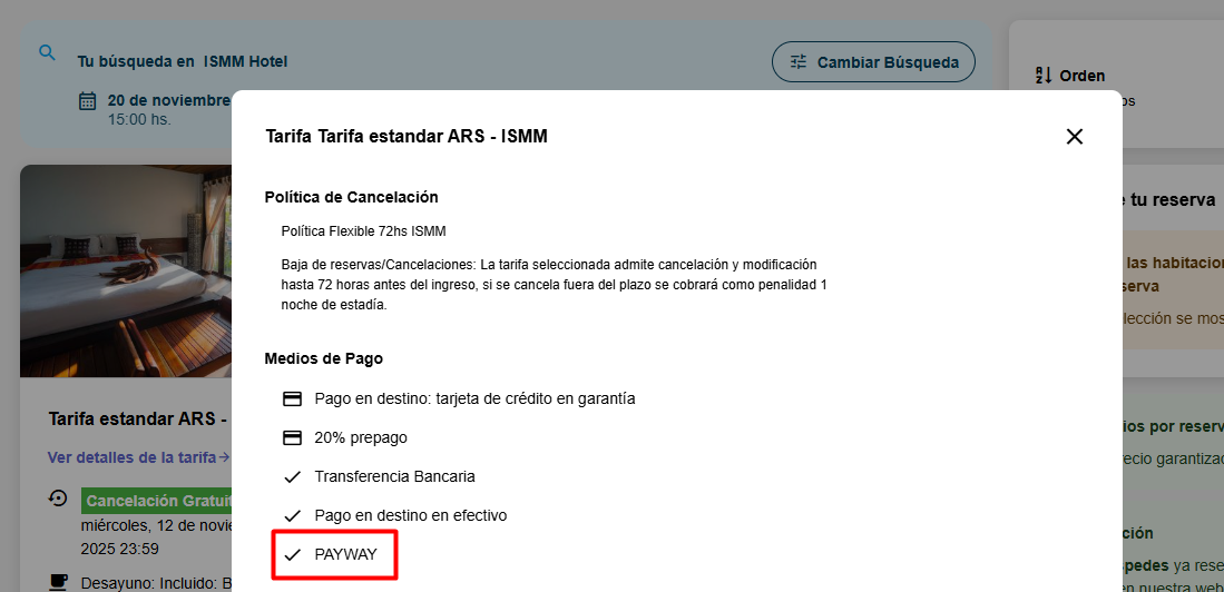 Medios de pago disponibles en la búsqueda de tarifas