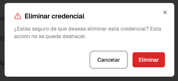 Mensaje de confirmación para eliminar credencial