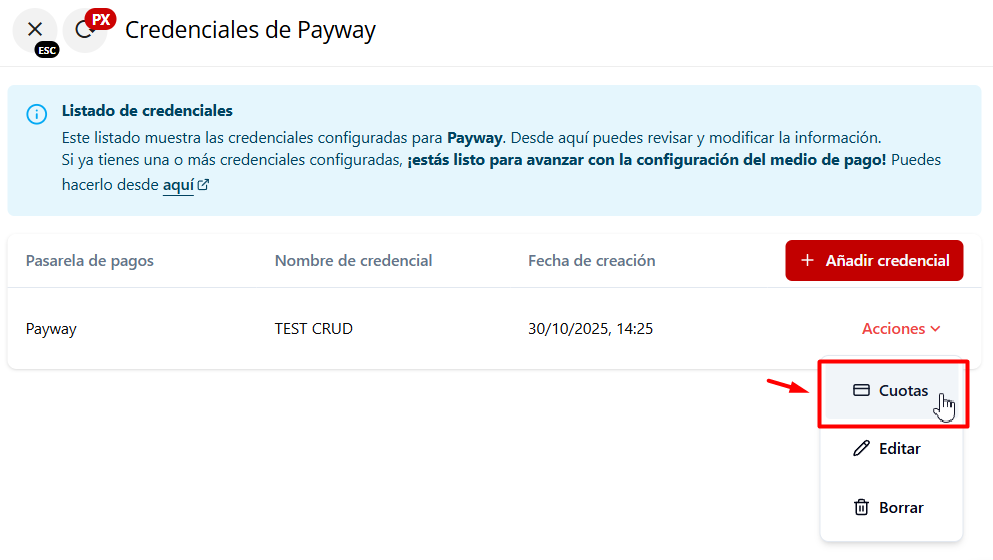 Acceso a configuración de cuotas