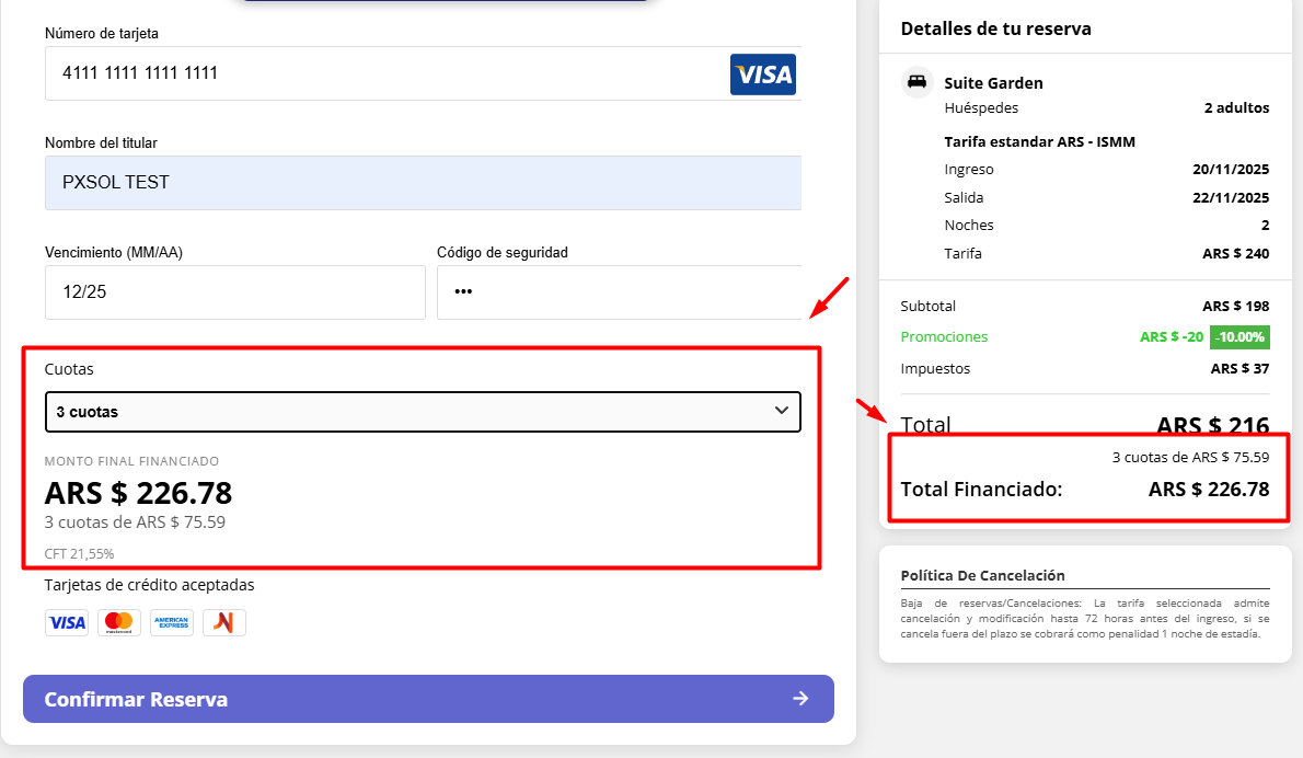 Visualización de cuotas en el motor de búsqueda