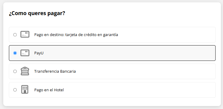 Proceso de check-out en el motor de reservas mostrando opciones de pago.