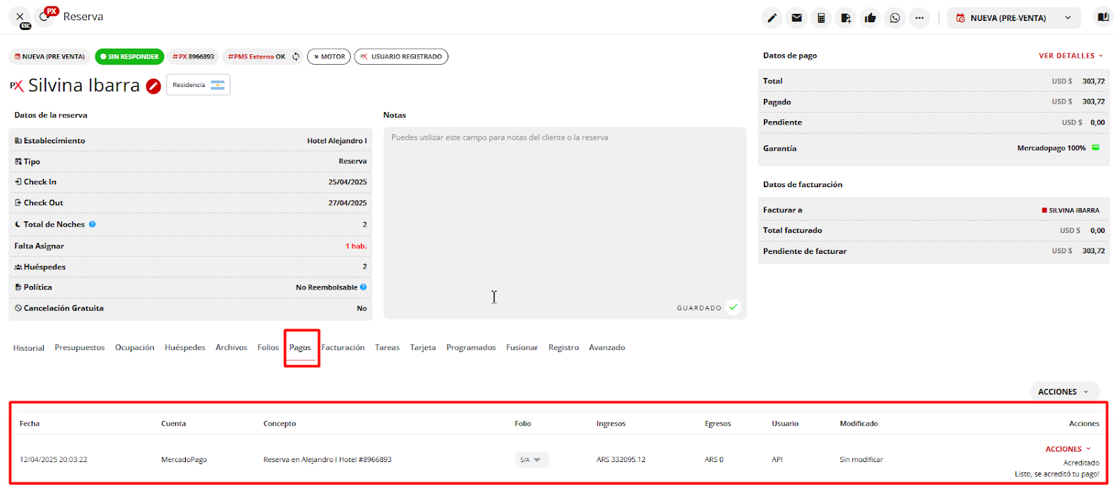 Pestaña de pagos mostrando pago acreditado.