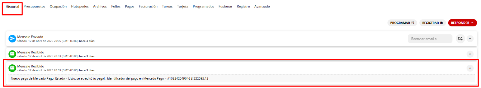 Historial de reserva mostrando evento de pago exitoso y correos enviados.