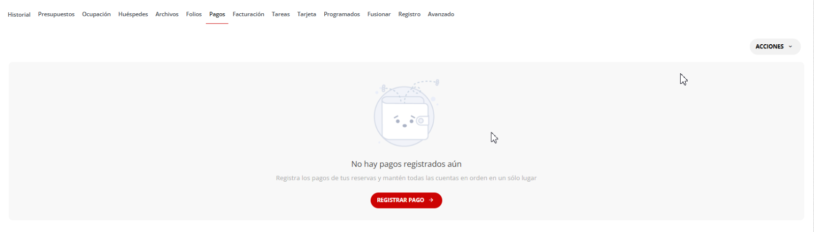 Pestaña de pagos sin pagos acreditados.