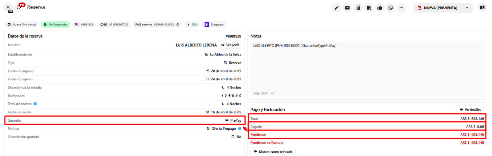 Cabecera de reserva mostrando método de pago, importe total, pagado y saldo pendiente.